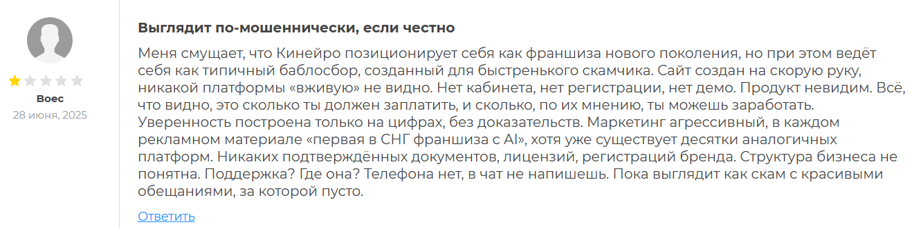Франшизе KINEIRO: отзывы, что предлагает покупателям и где обман?