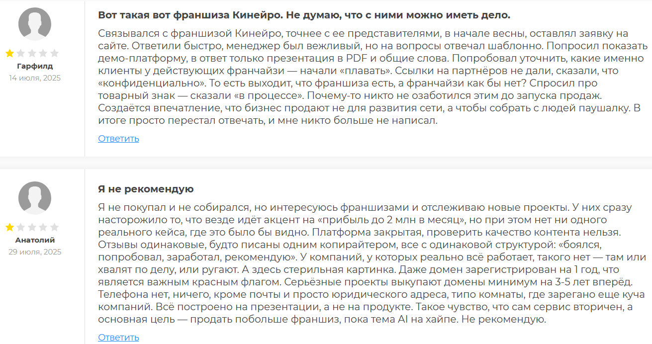 Франшизе KINEIRO: отзывы, что предлагает покупателям и где обман?